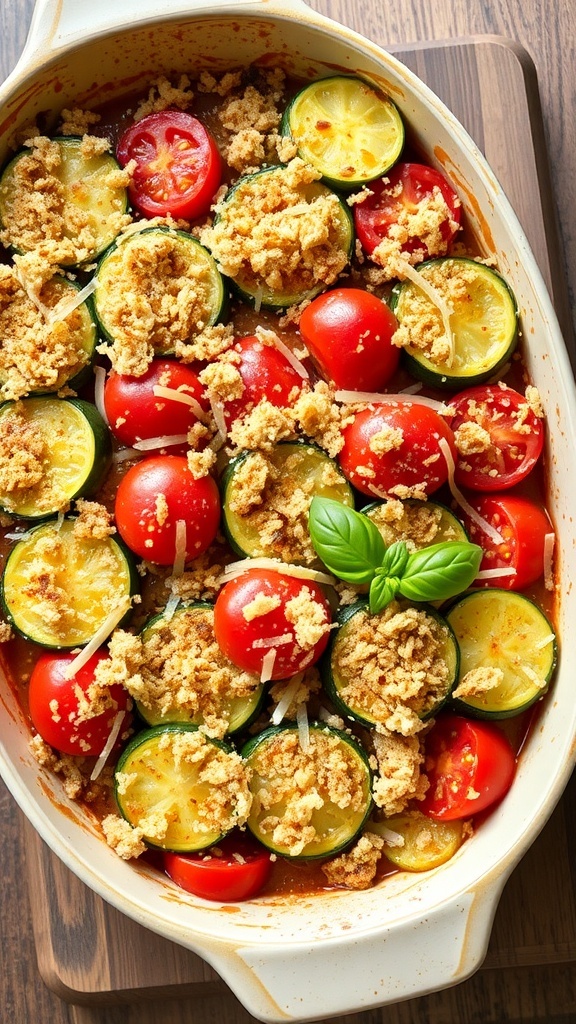 A baked zucchini and tomato gratin with cheese and breadcrumbs, garnished with basil, on a wooden table.